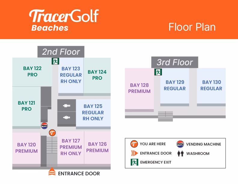 golf-simulator-beaches-floor-plan Beaches floor plan showcasing golf simulator layout, including entrance, golf bays, vending machines, emergency exits, and washrooms.