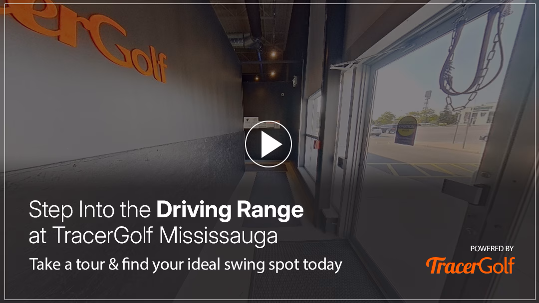 A view inside the Tracer Golf Mississauga driving range, inviting users to take a virtual tour. A prominent play button overlay encourages interaction to explore the hitting bays and choose their preferred spot