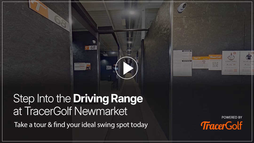 A view inside the Tracer Golf North York driving range, inviting users to take a virtual tour. A prominent play button overlay encourages interaction to explore the hitting bays and choose their preferred spot.