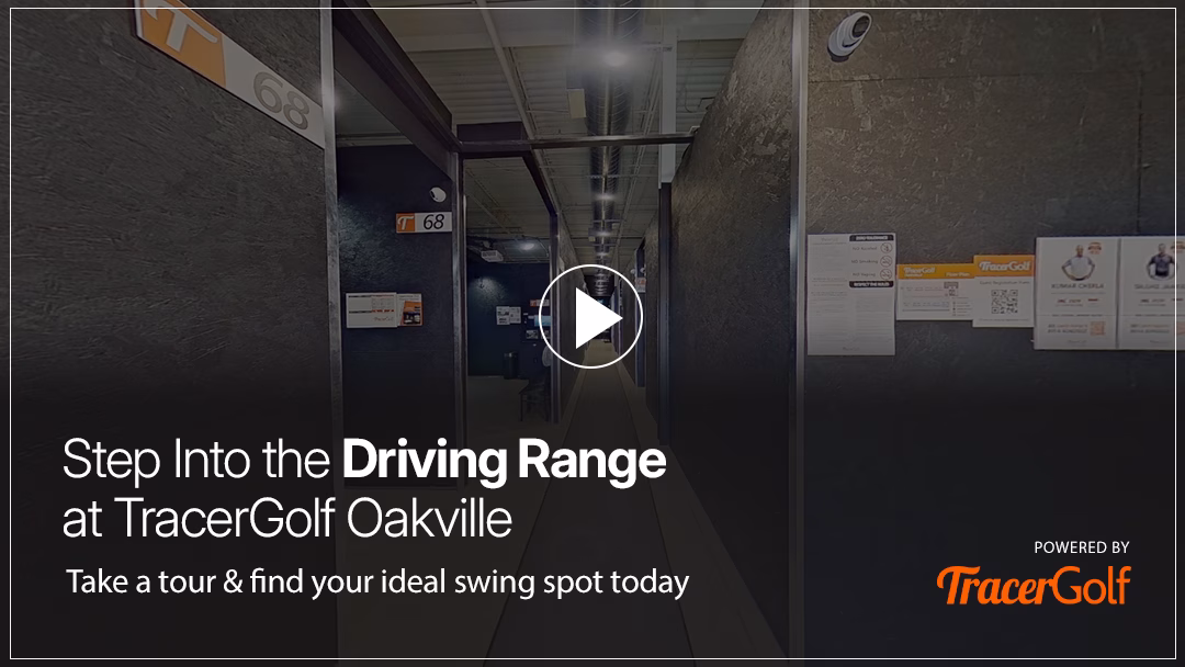 A view inside the Tracer Golf Oakville driving range, inviting users to take a virtual tour. A prominent play button overlay encourages interaction to explore the hitting bays and choose their preferred spot