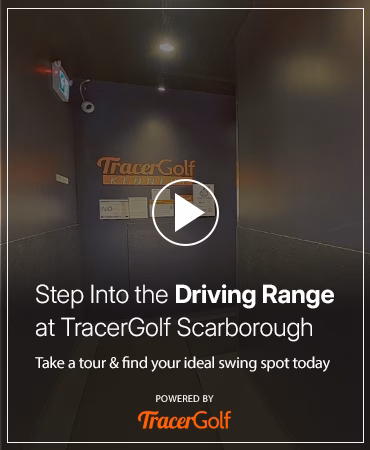 A view inside the Tracer Golf Scarborough driving range, inviting users to take a virtual tour. A prominent play button overlay encourages interaction to explore the hitting bays and choose their preferred spot