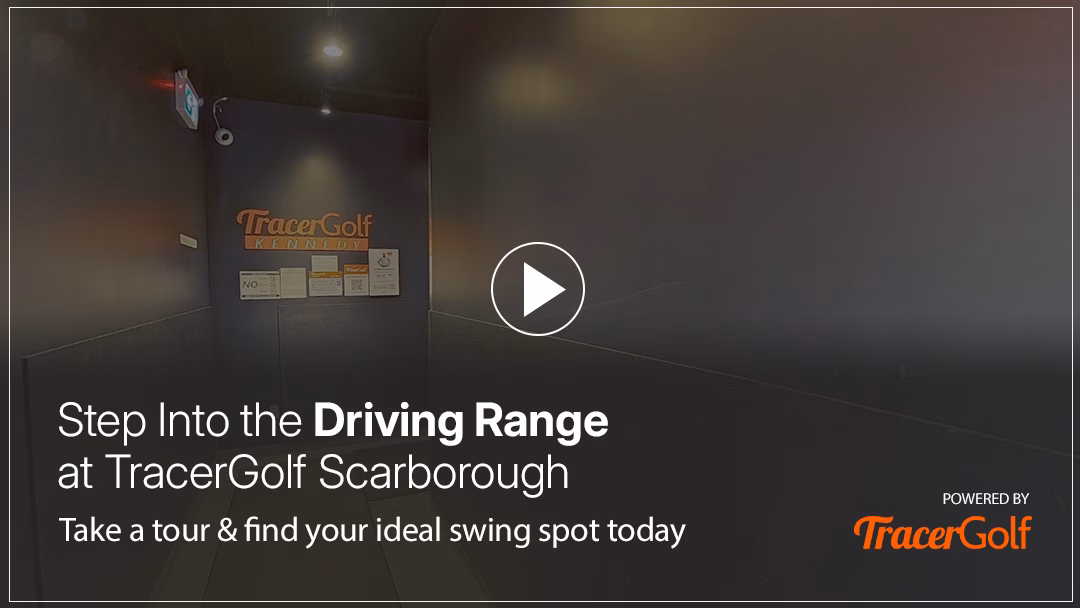 A view inside the Tracer Golf Scarborough driving range, inviting users to take a virtual tour. A prominent play button overlay encourages interaction to explore the hitting bays and choose their preferred spot
