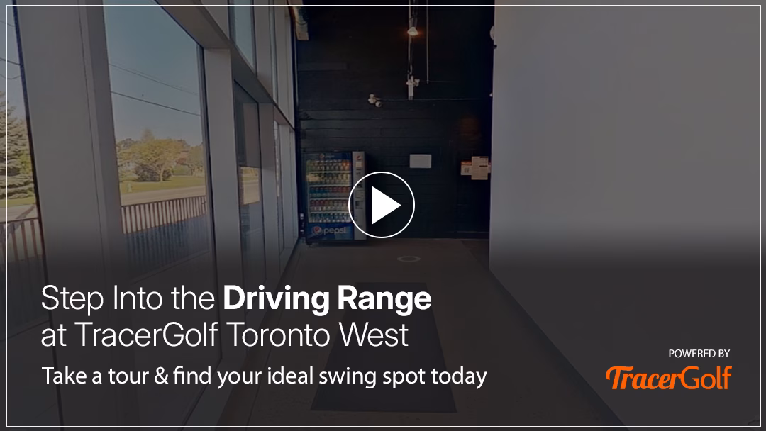 A view inside the Tracer Golf Toronto West driving range, inviting users to take a virtual tour. A prominent play button overlay encourages interaction to explore the hitting bays and choose their preferred spot