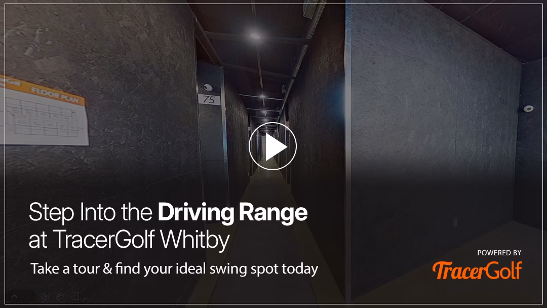 A view inside the Tracer Golf Whitby driving range, inviting users to take a virtual tour. A prominent play button overlay encourages interaction to explore the hitting bays and choose their preferred spot.