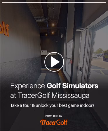 A view inside the Tracer Golf Mississauga golf simulator, inviting users to take a virtual tour. A prominent play button overlay encourages interaction to explore the hitting bays and choose their preferred spot