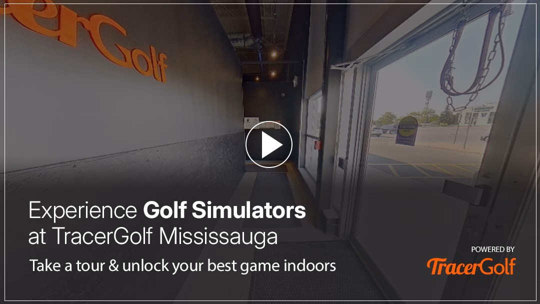 A view inside the Tracer Golf Mississauga golf simulator, inviting users to take a virtual tour. A prominent play button overlay encourages interaction to explore the hitting bays and choose their preferred spot
