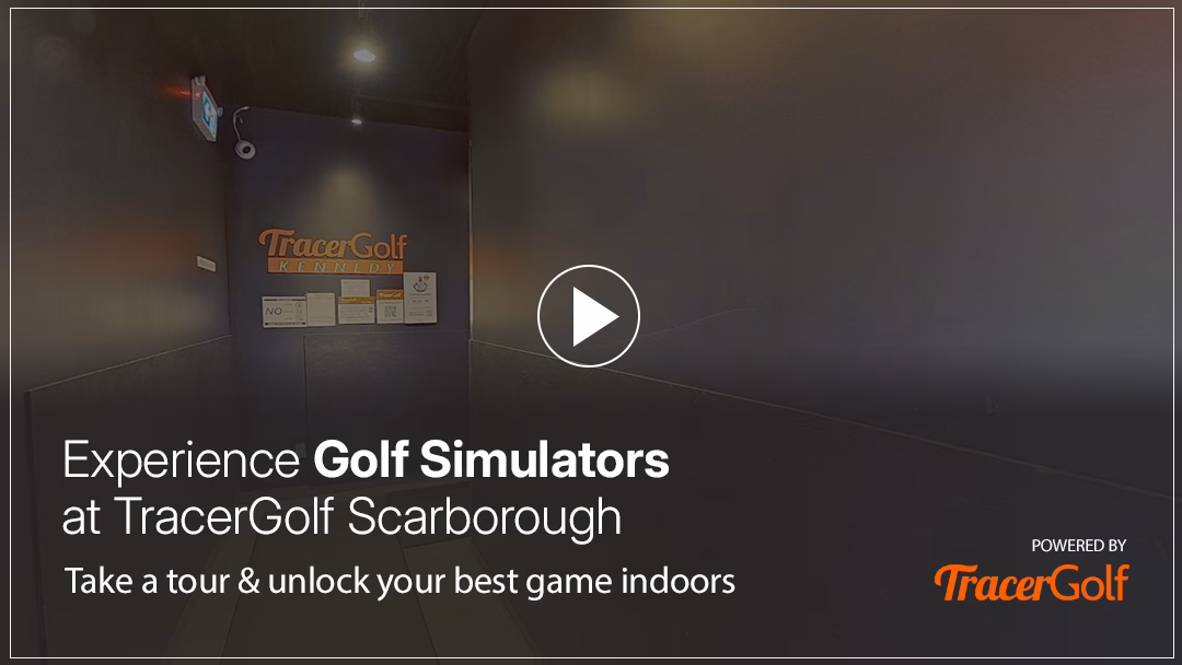 A view inside the Tracer Golf Scarborough golf simulator, inviting users to take a virtual tour. A prominent play button overlay encourages interaction to explore the hitting bays and choose their preferred spot