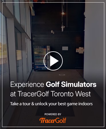 A view inside the Tracer Golf Toronto West golf simulator, inviting users to take a virtual tour. A prominent play button overlay encourages interaction to explore the hitting bays and choose their preferred spot