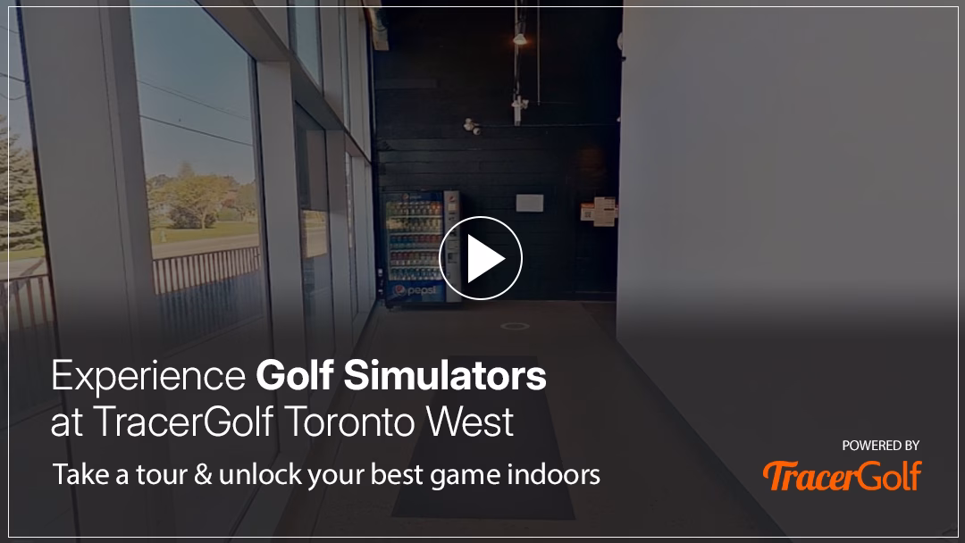 A view inside the Tracer Golf Toronto West golf simulator, inviting users to take a virtual tour. A prominent play button overlay encourages interaction to explore the hitting bays and choose their preferred spot